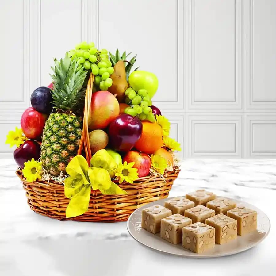 Royal Almond Treat from Shree Mithai with Fresh Fruit Basket
