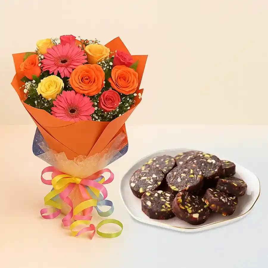 Dry Fruit Dates Roll from Shree Mithai with Seasonal Flower Bouquet