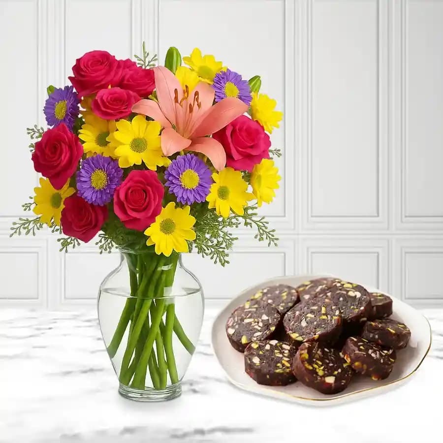 Dry Fruit Dates Roll from Shree Mithai with Mixed Flower Arrangement