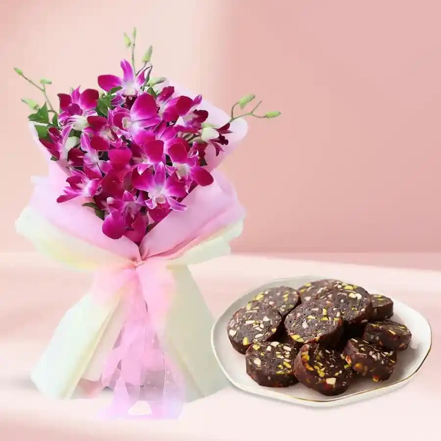 Dry Fruit Dates Roll from Shree Mithai with Orchid Bouquet