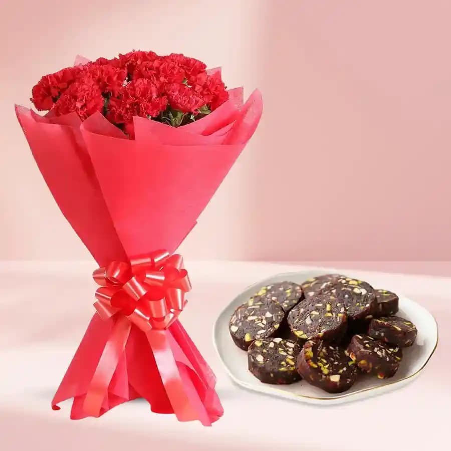 Dry Fruit Dates Roll from Shree Mithai with Red Carnation Tissue Wrapped Bouquet