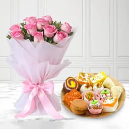 Assorted Sweets from Adyar Ananda Bhawan with Pink Rose Bouquet 1