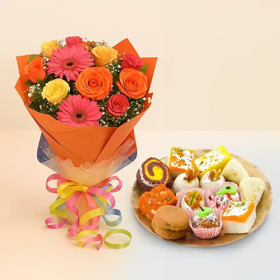 Assorted Sweets from Adyar Ananda Bhawan with Seasonal Flower Bouquet