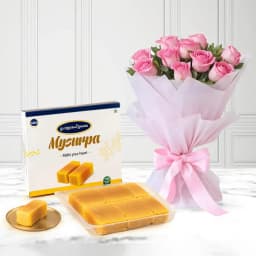 Mysurpa from Sri Krishna Sweets with Pink Rose Bouquet 1