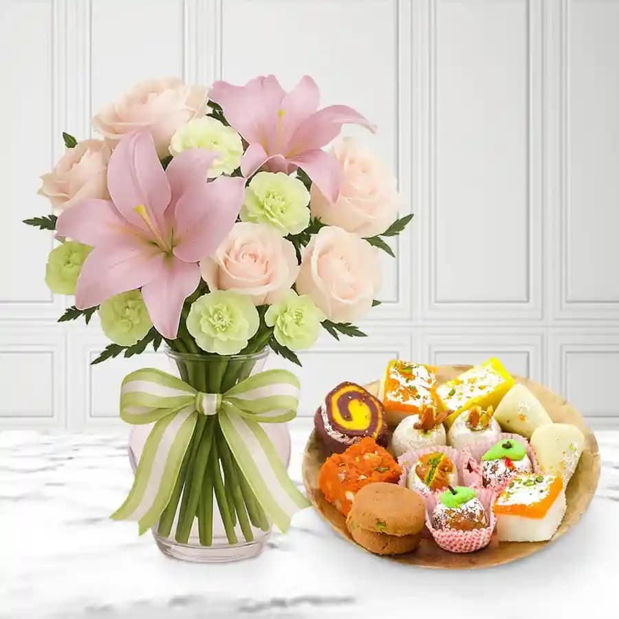 Assorted Sweets from Adyar Ananda Bhawan with Flowers Bouquet