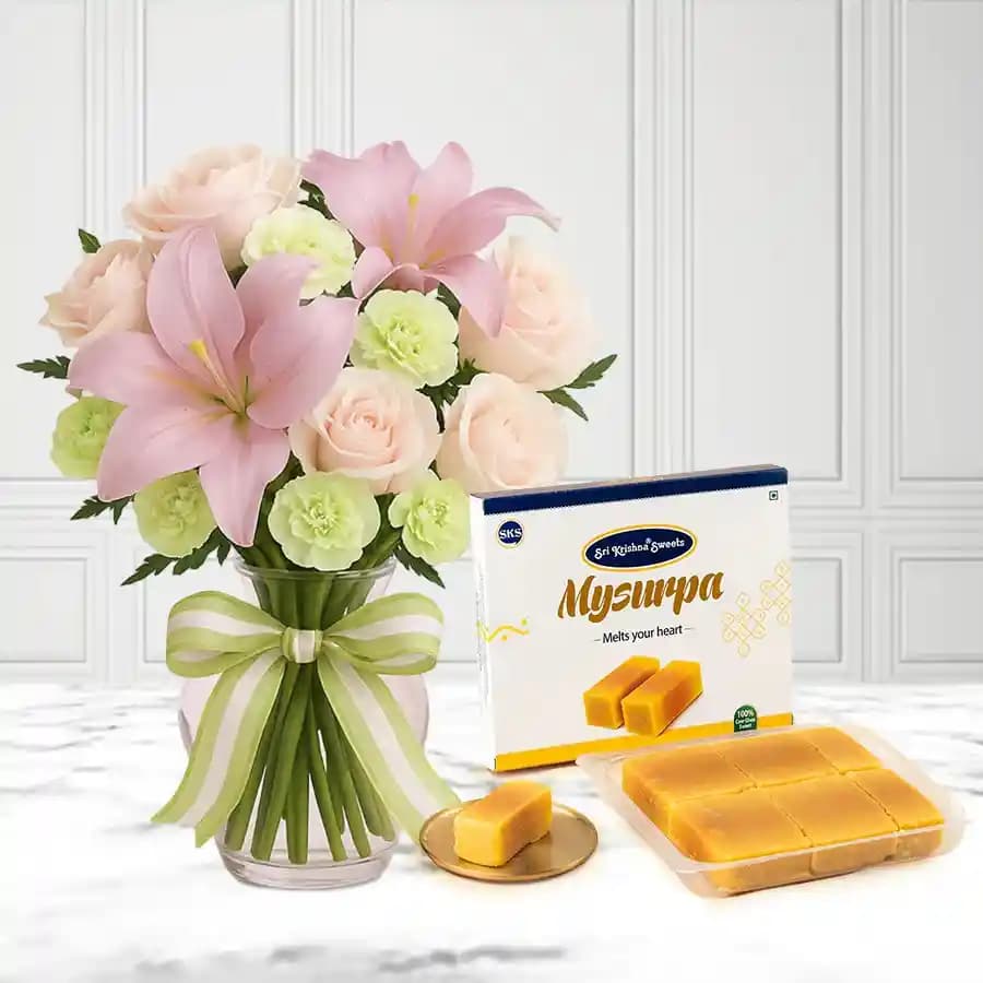 Mysurpa from Sri Krishna Sweets with a Flowers Bouquet