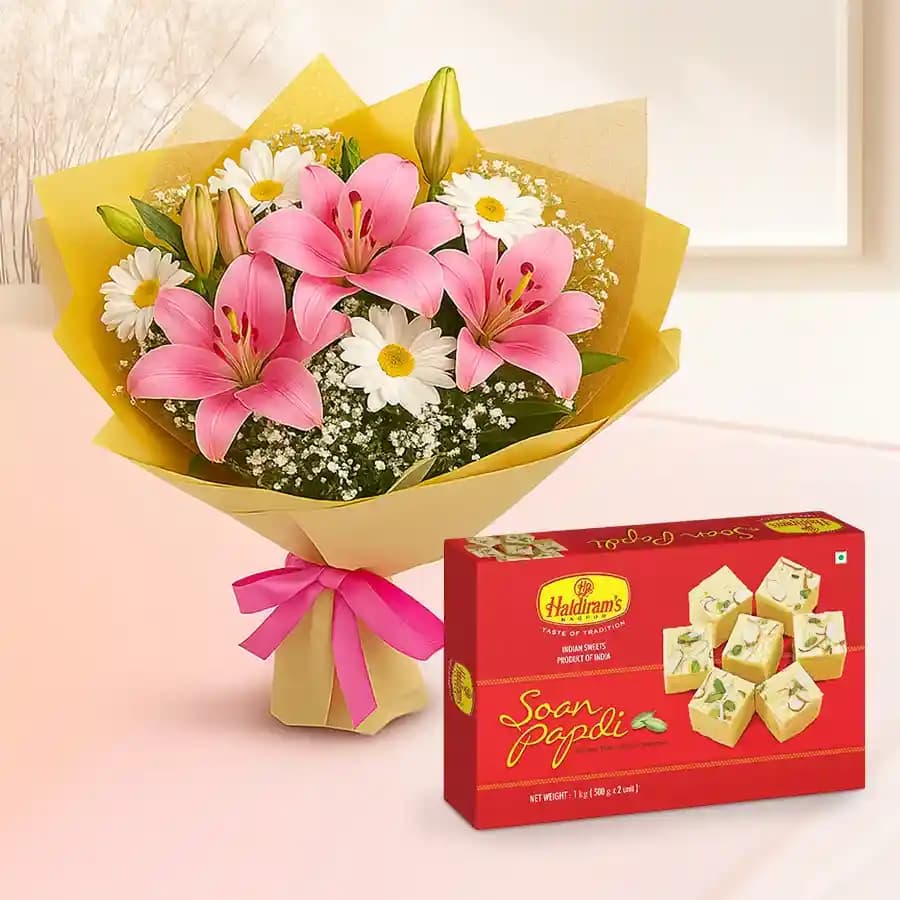 Seasonal Flowers Bouquet with Haldirams Soan Papri
