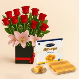 Mysurpa from Sri Krishna Sweets with a Designer Flower Arrangement 1