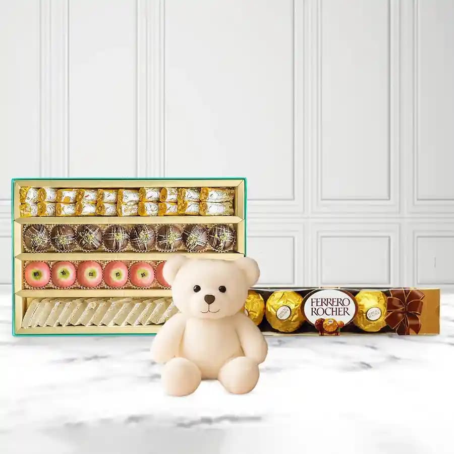 Assorted Sweets from Adyar Ananda Bhawan with Teddy N Ferrero Rocher Chocolate Pack