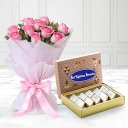 Badam Kathli from Sri Krishna Sweets with Pink Rose Bouquet 1