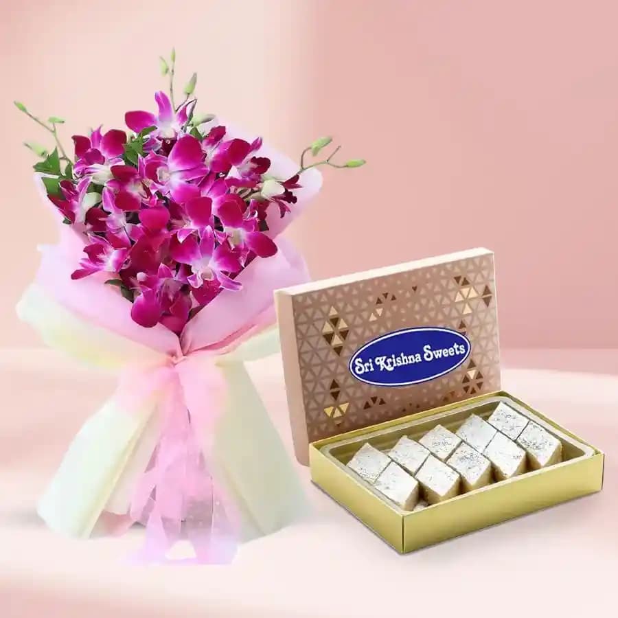 Badam Kathli from Sri Krishna Sweets with Orchid Bouquet