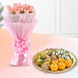 Assorted Dry Fruit Sweets from Adyar Ananda Bhawan with Pink Rose Bouquet 1