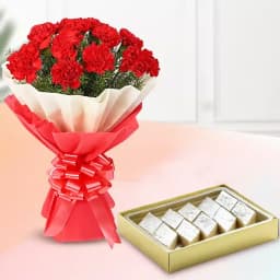 Badam Kathli from Sri Krishna Sweets with Red Carnation Tissue Wrapped Bouquet 1