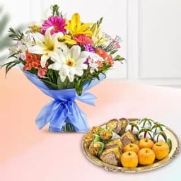 Assorted Dry Fruit Sweets from Adyar Ananda Bhawan with Seasonal Flower Bouquet 1