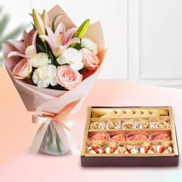 Assorted Dry Fruit Sweets from Adyar Ananda Bhawan with Flowers Bouquet 1