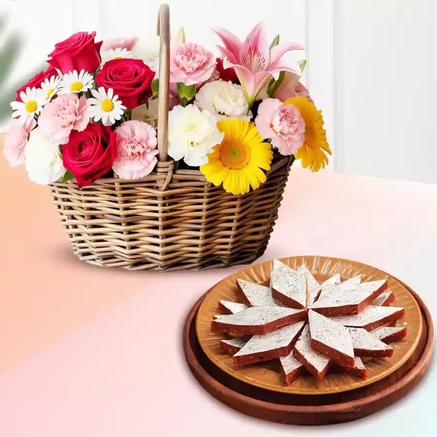 Fig Kathli from Sri Krishna Sweets with Mixed Flower Arrangement