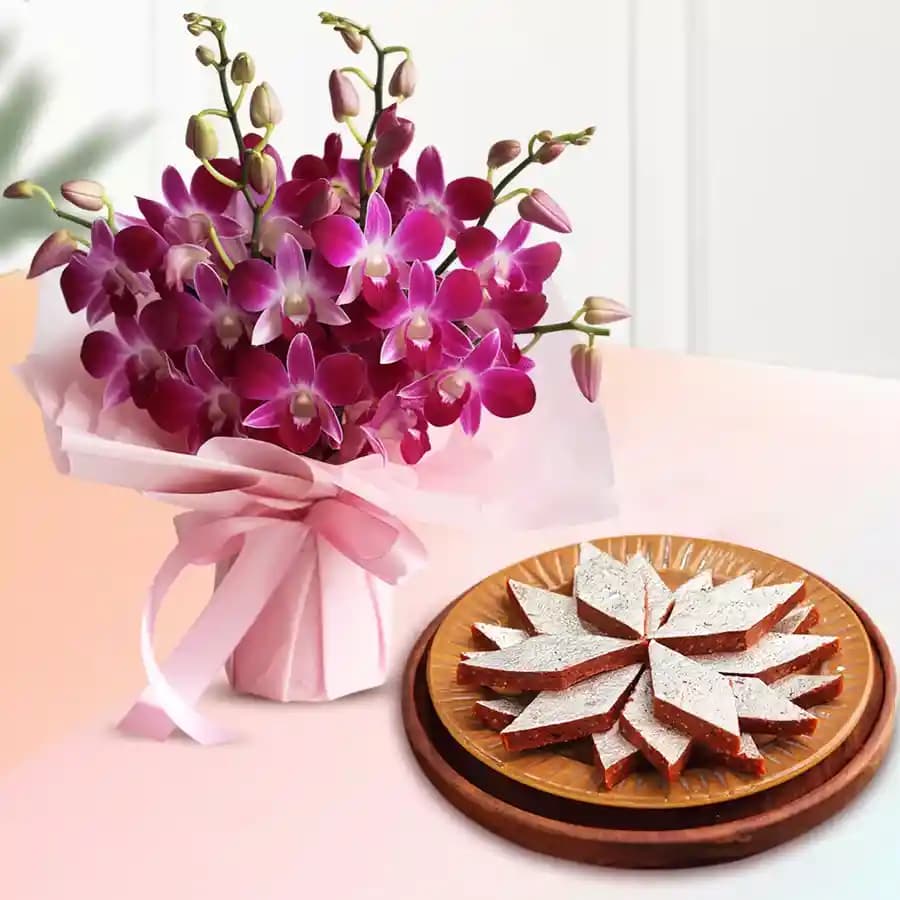 Fig Kathli from Sri Krishna Sweets with Orchid Bouquet