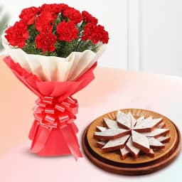 Fig Kathli from Sri Krishna Sweets with Red Carnation Tissue Wrapped Bouquet 1
