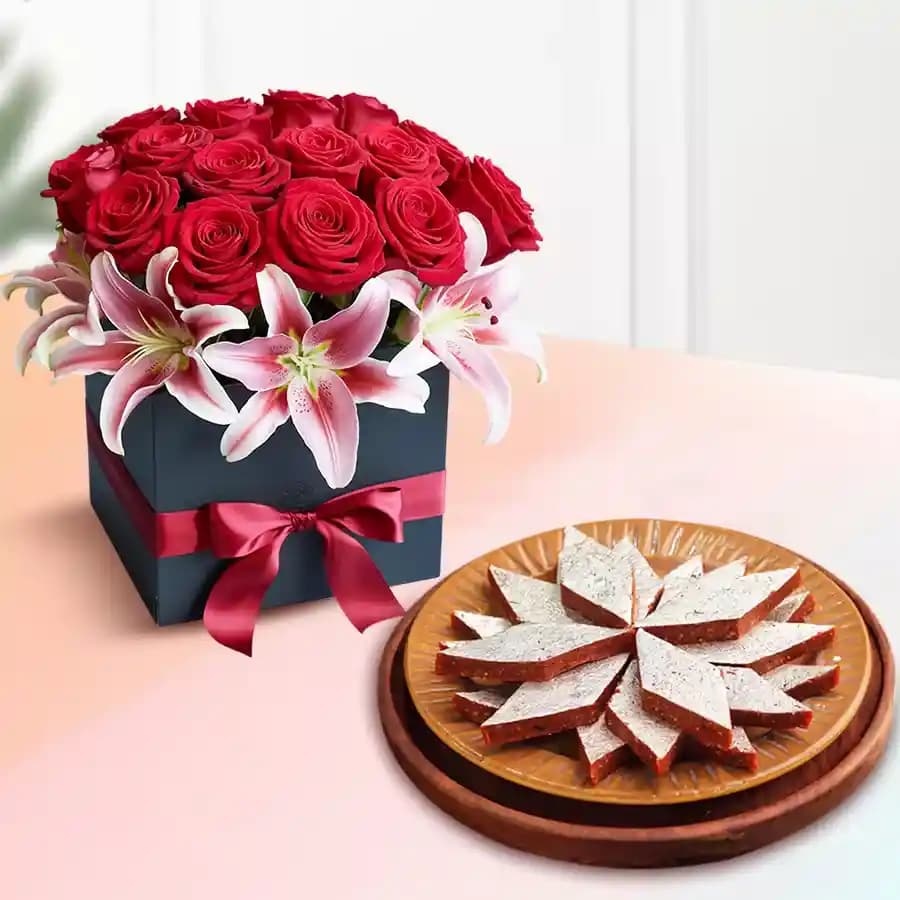 Fig Kathli from Sri Krishna Sweets with Designer Flower Arrangement