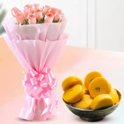 Kesar Peda from Sri Krishna Sweets with Pink Rose Bouquet 1