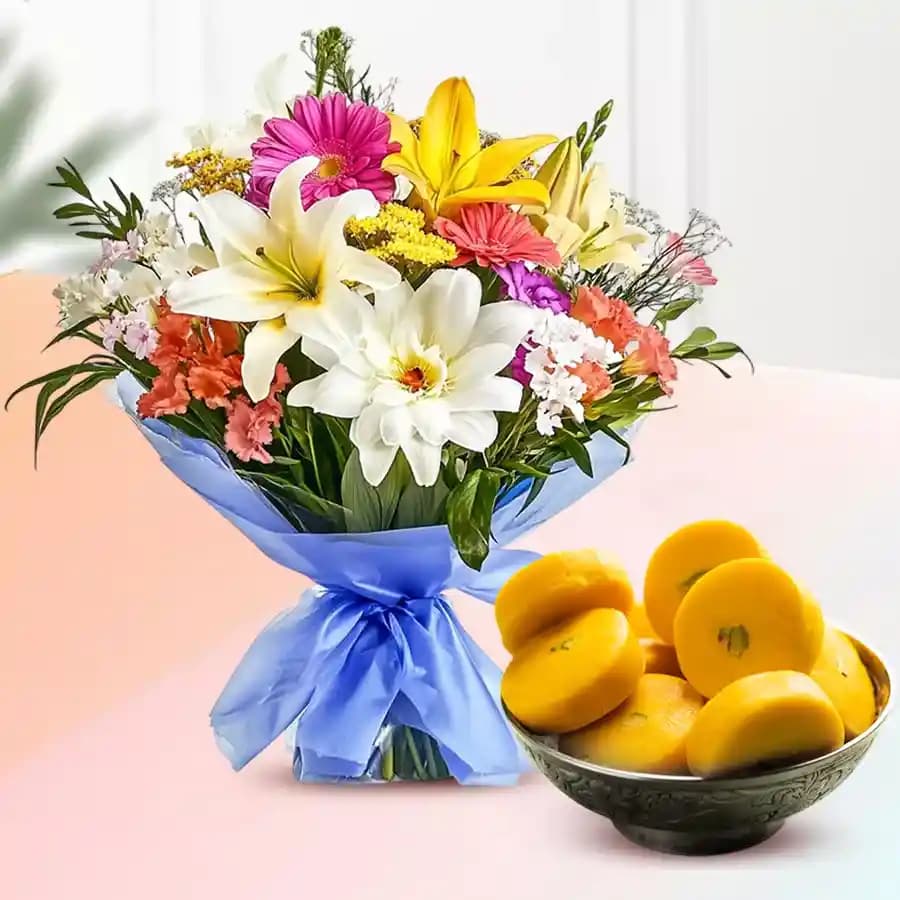 Kesar Peda from Sri Krishna Sweets with Seasonal Flower Bouquet
