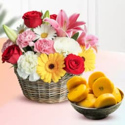 Kesar Peda from Sri Krishna Sweets with Mixed Flower Arrangement 1