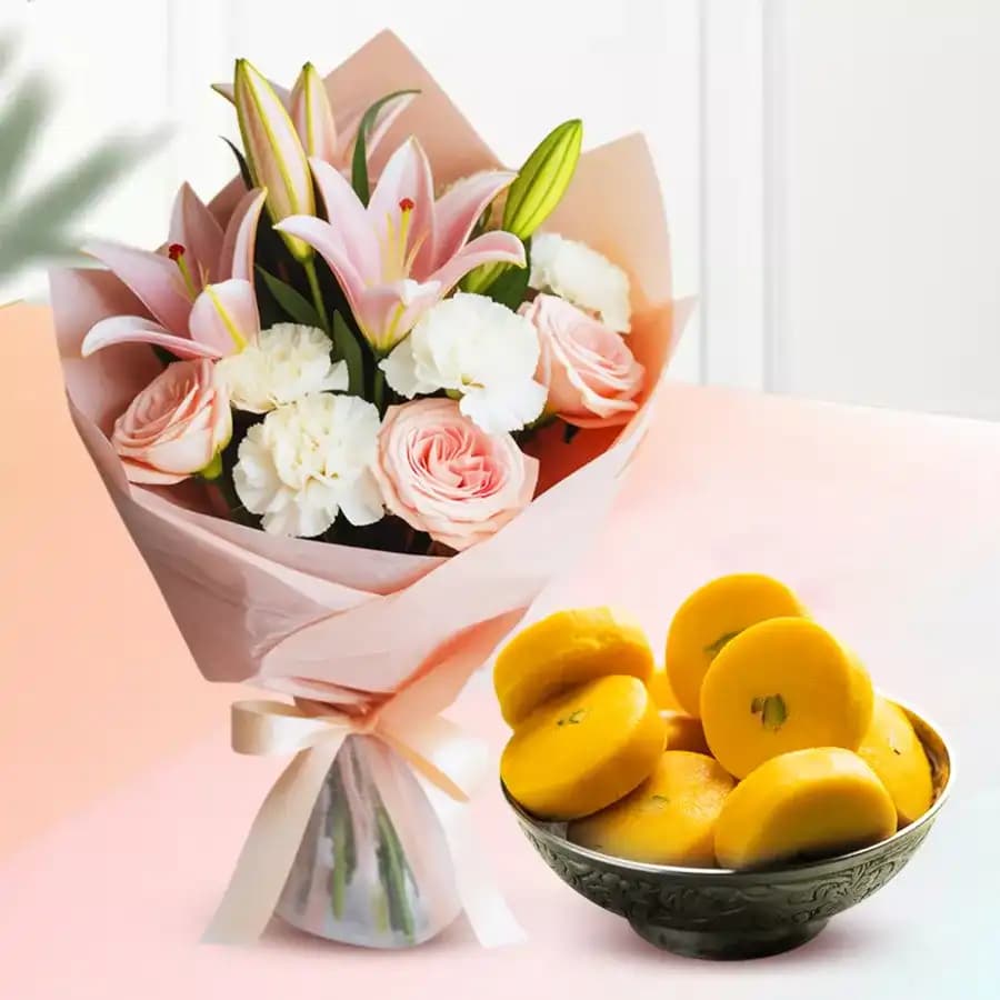 Kesar Peda from Sri Krishna Sweets with Flowers Bouquet
