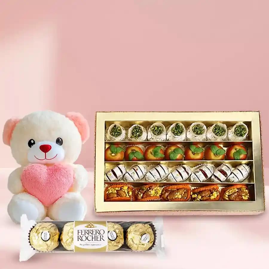 Assorted Dry Fruit Sweets from Adyar Ananda Bhawan with a Teddy N Ferrero Rocher