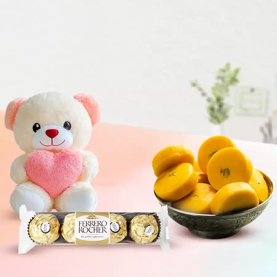 Kesar Peda from Sri Krishna Sweets with Teddy N Ferrero Rocher Chocolate Pack
