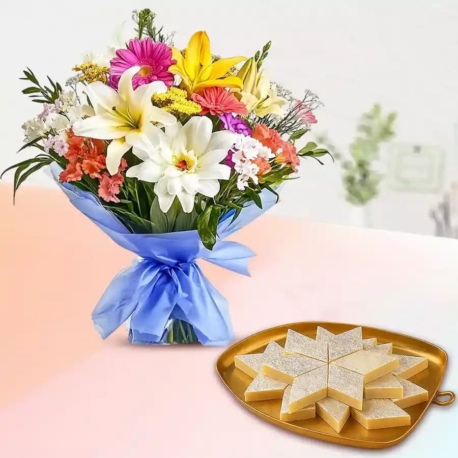 Palmsugar Kaju Kathily from Adyar Ananda Bhawan with Seasonal Flower Bouquet