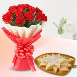 Palmsugar Kaju Kathily from Adyar Ananda Bhawan with Red Carnation Tissue Wrapped Bouquet 1