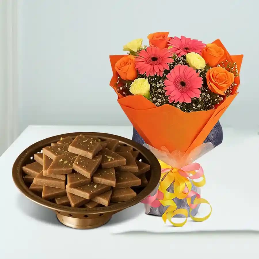Karupatti Katli from Sri Krishna Sweets with Seasonal Flower Bouquet