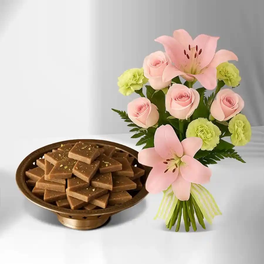 Karupatti Katli from Sri Krishna Sweets with Flowers Bouquet
