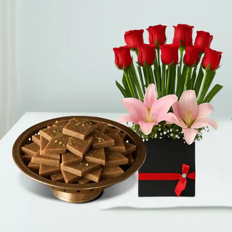 Karupatti Katli from Sri Krishna Sweets with a Designer Flower Arrangement