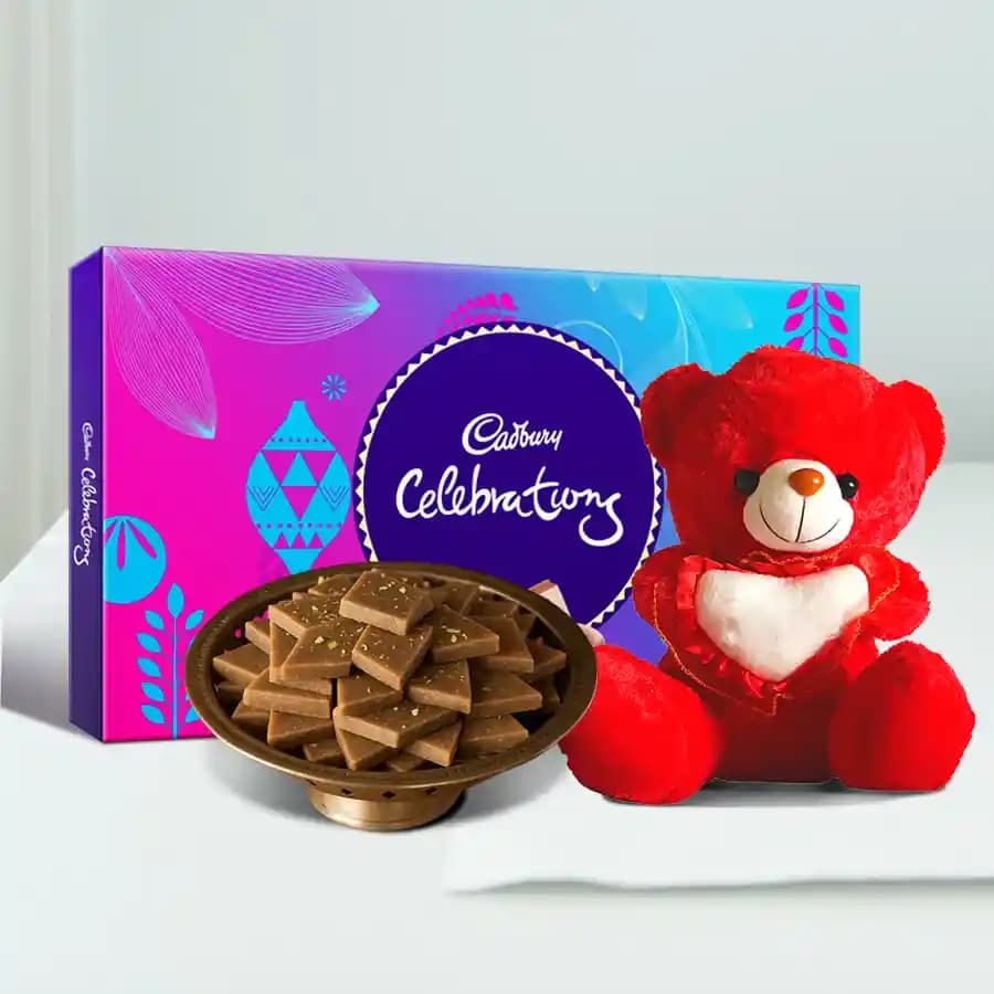Palmsugar Kaju Kathily from Adyar Ananda Bhawan with a Teddy N Cadbury Celebration Chocolate Pack