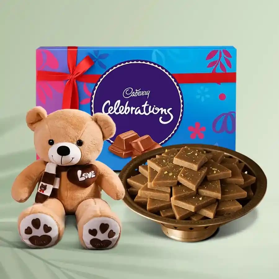 Karupatti Katli from Sri Krishna Sweets with Teddy N Cadbury Celebration Chocolate Pack