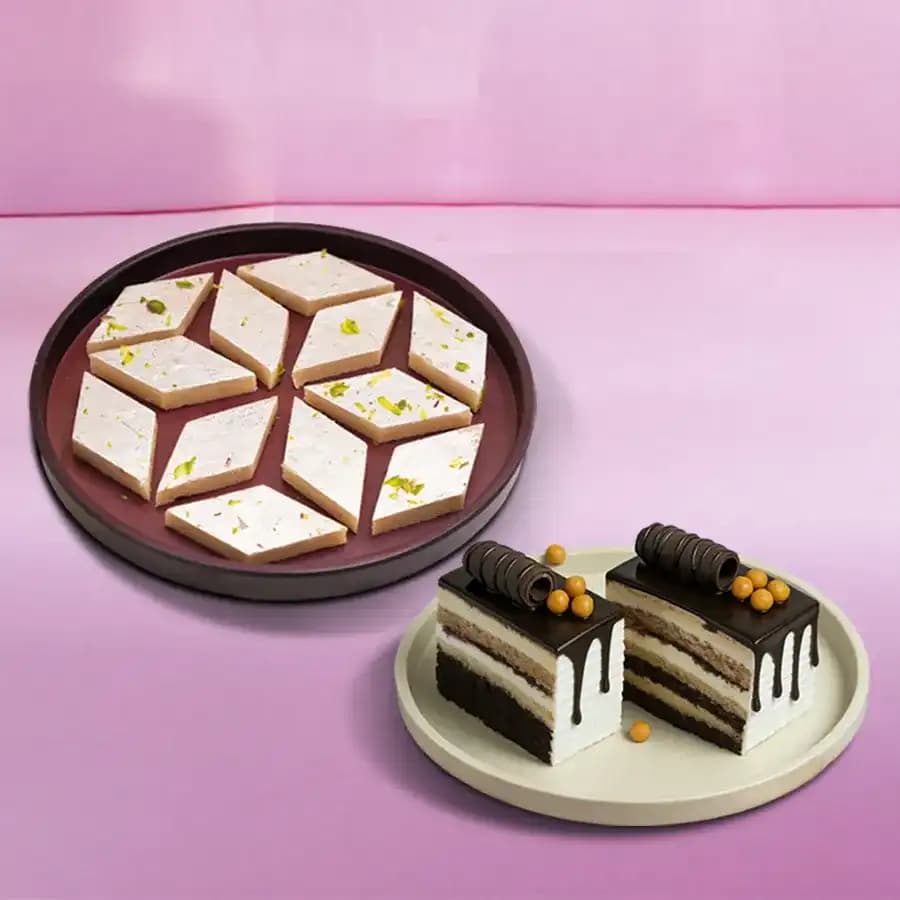 Palmsugar Kaju Kathily from Adyar Ananda Bhawan with Chocolate Pastry