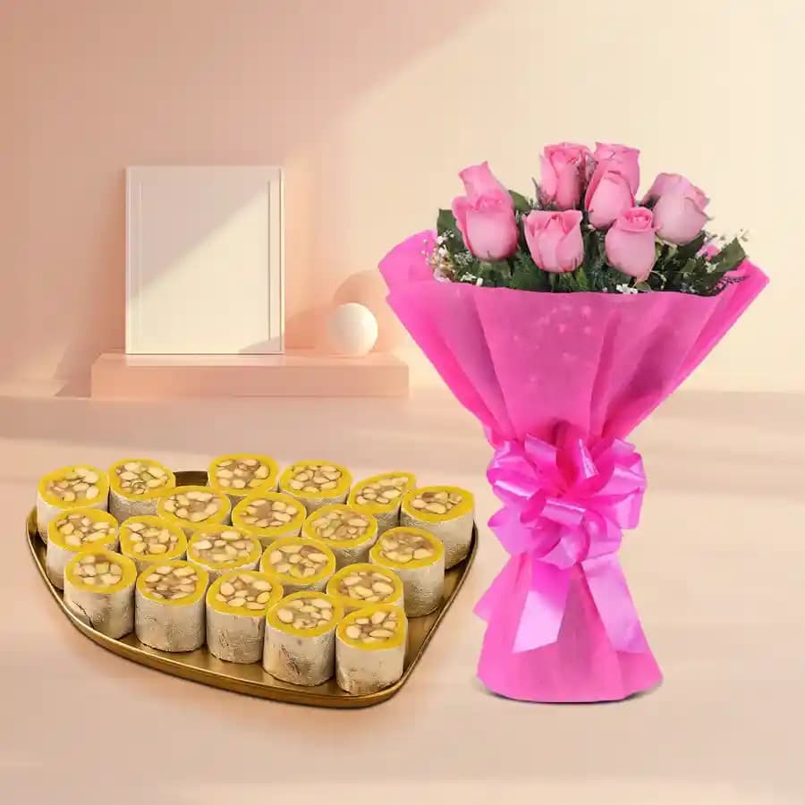 Dry Fruit Honey Dew from Adyar Ananda Bhawan with Pink Rose Bouquet