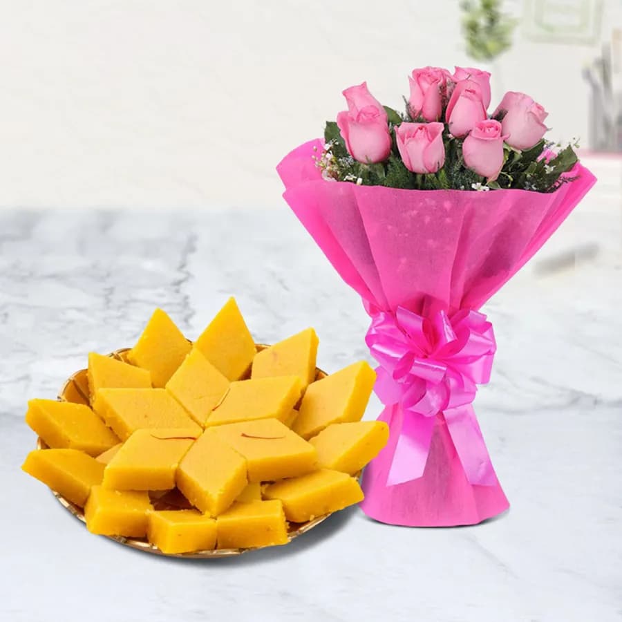 Badam Cake from Adyar Ananda Bhawan with Pink Rose Bouquet