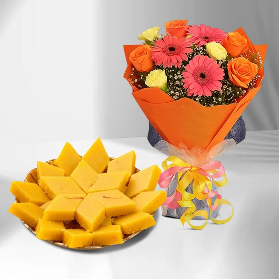 Badam Cake from Adyar Ananda Bhawan with Seasonal Flower Bouquet