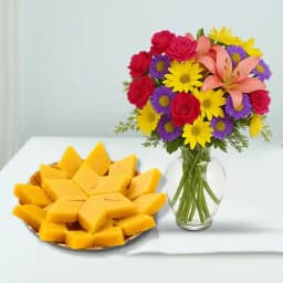 Badam Cake from Adyar Ananda Bhawan with Mixed Flower Arrangement 1