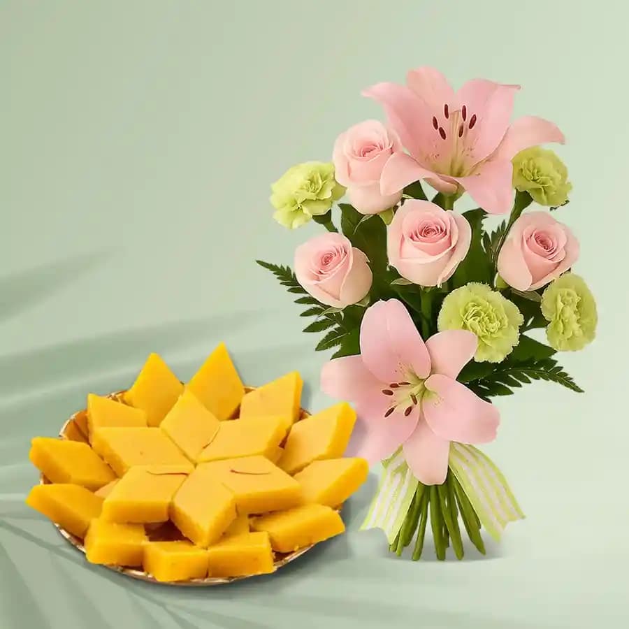 Badam Cake from Adyar Ananda Bhawan with Flowers Bouquet