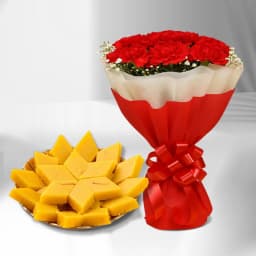 Badam Cake from Adyar Ananda Bhawan with Red Carnation Tissue Wrapped Bouquet 1