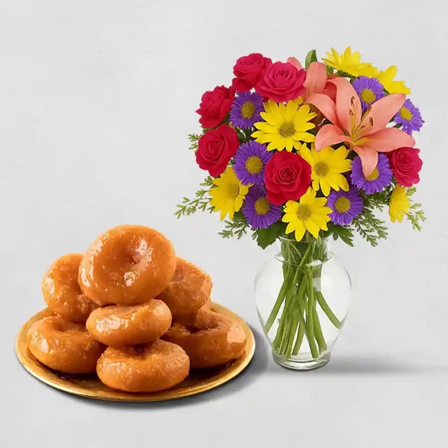 Badusha from G Pulla Reddy with Mixed Flower Arrangement