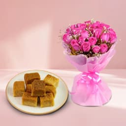 Ajmeeri Kalakand from Dadus with Pink Roses Bouquet 1