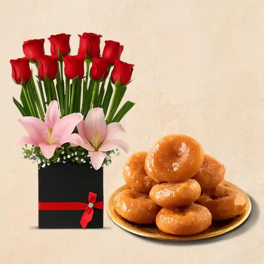 Badusha from G Pulla Reddy with Designer Flower Arrangement