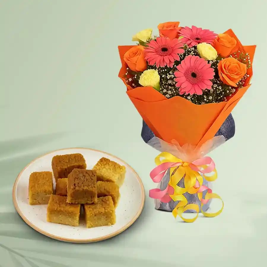 Ajmeeri Kalakand from Dadus with Seasonal Flower Bouquet