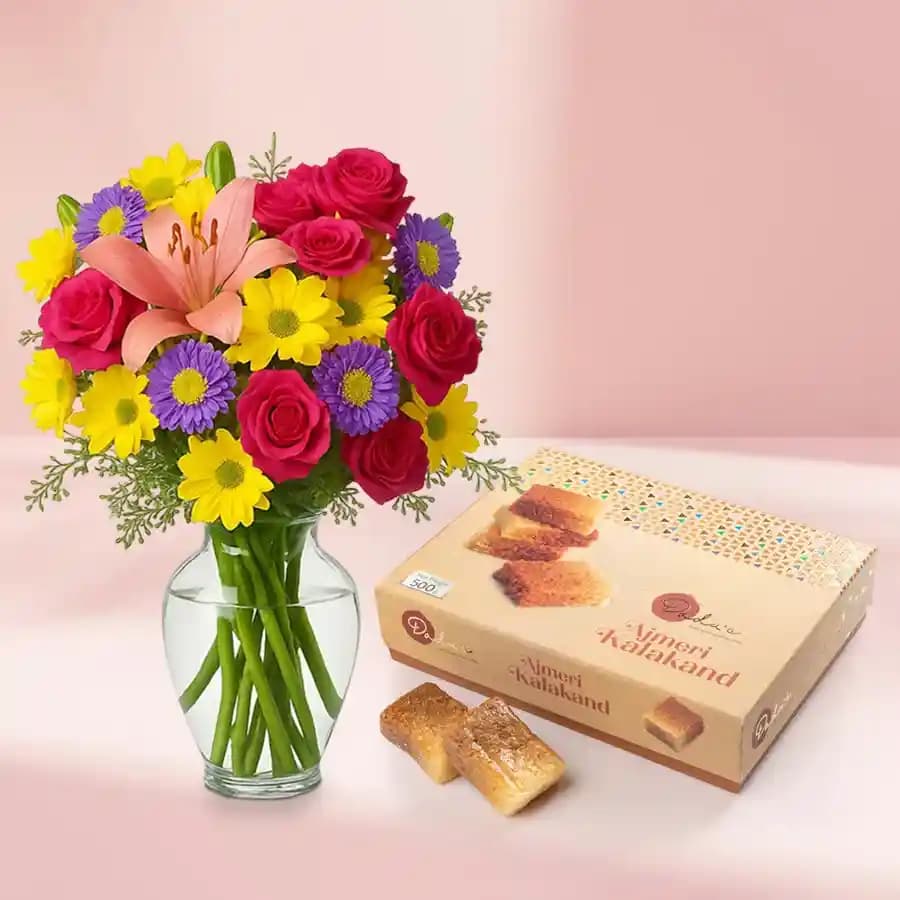 Ajmeeri Kalakand from Dadus with a Mixed Flower Arrangement