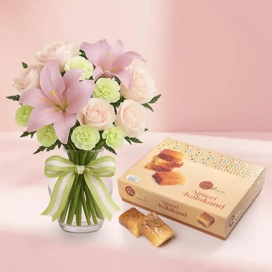 Ajmeeri Kalakand from Dadus with a Flowers Bouquet