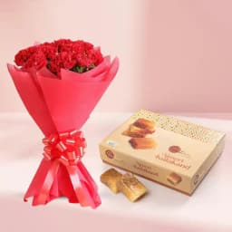 Ajmeeri Kalakand from Dadus with Red Carnation Tissue Wrapped Bouquet 1